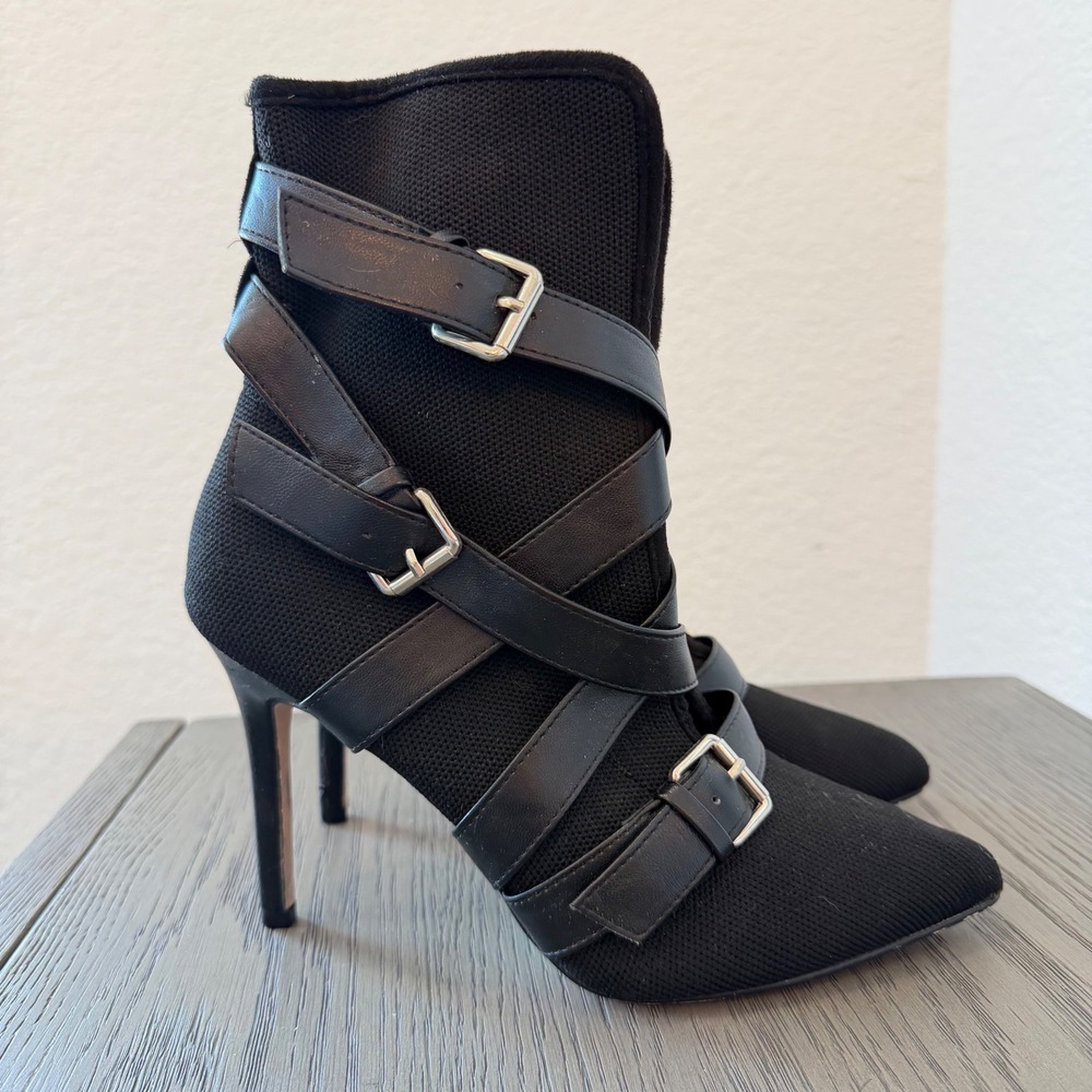 Catherine Malandrino Black Knit Multi Strap Buckle Stiletto Ankle Boots 8.5